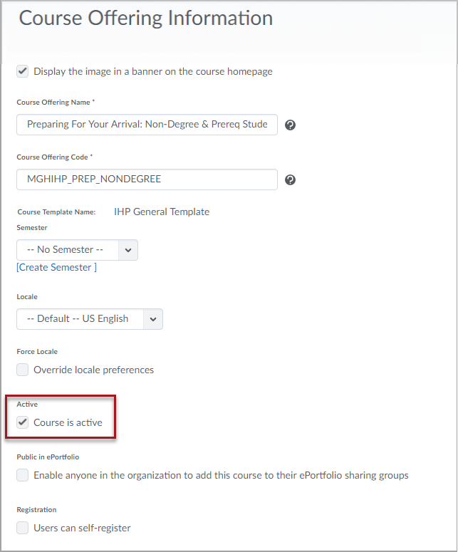 The course offering information page with a red box around the "Course is active" checkbox
