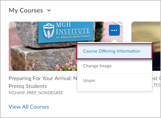 My Courses widget, with a course's dropdown menu expanded and the "Course Offering Information" option highlighted