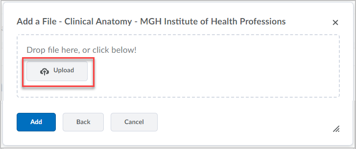 The Add a File pop-up with a red box around the file "Upload" button