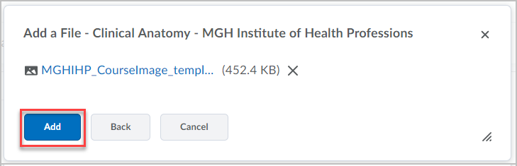 The Add a File pop-up window, with a file uploaded and a red box around the "Add" button 