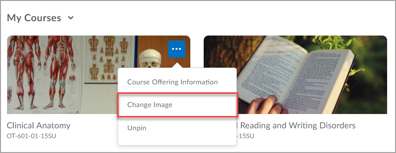 The My Course widget with a course dropdown expanded, highlighting the "Change Image" option