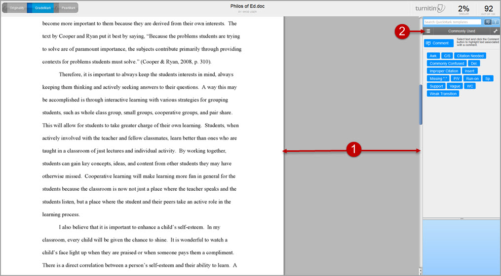 Labeled screenshot of a file titled "Philos of Ed.doc" in the Turnitin GradeMark interface, which includes 1. the submission pane on the left and the QuickMark comments pane on the right and 2. the menu icon in QuickMark comments to access different categories of comments.
