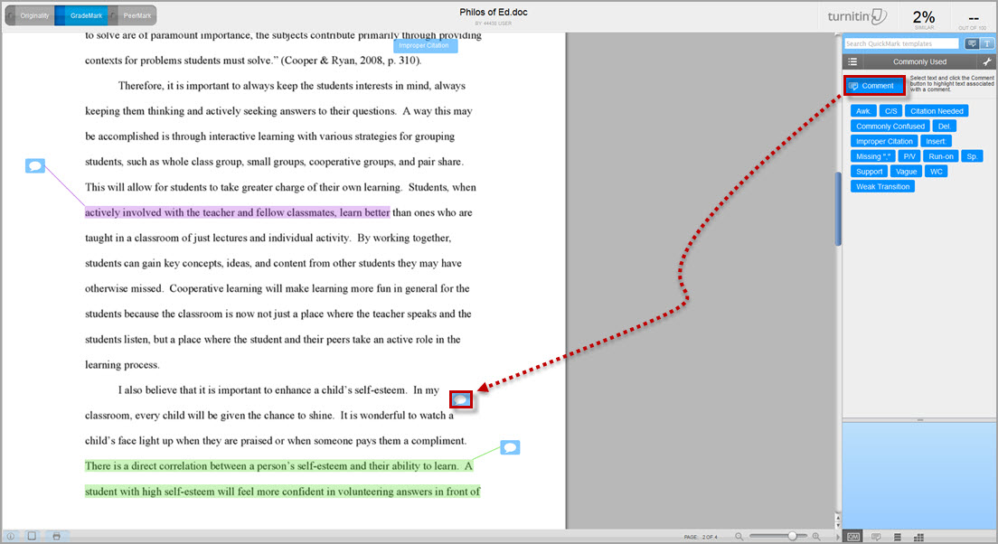File titled "Philos of Ed.doc" in the Turnitin Grademark interface, with a dotted arrow pointing from the QuickMark Comment pane on the right to a specific comment in the document on the left.