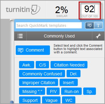Top-right corner of the Turnitin GradeMark interface with a red box around the scoring window, which shows a 92 out of 100 entered.