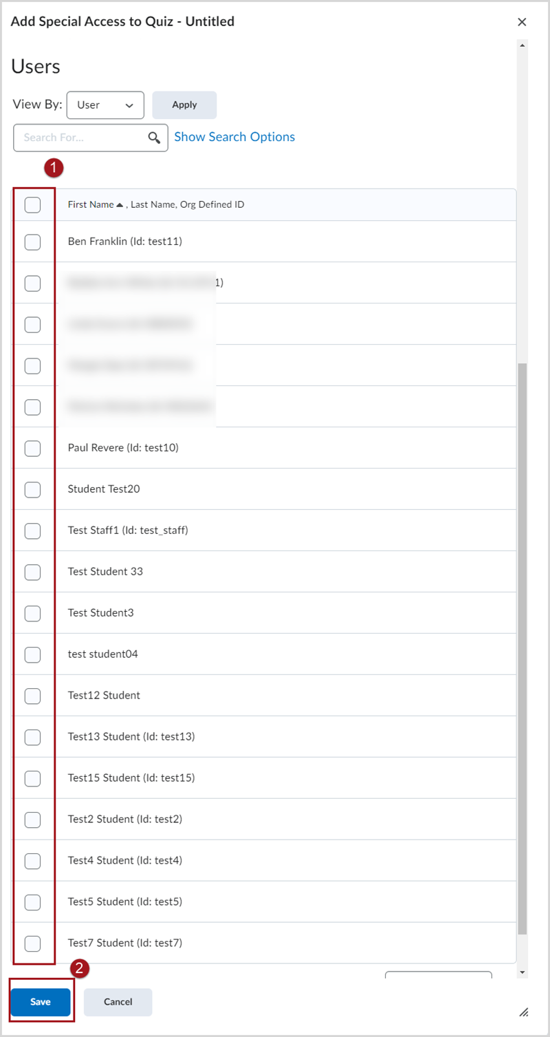 Add Special Access to Quiz screen with a list of selectable learners in the course. A red box surrounds the "Save" button at the bottom of the page