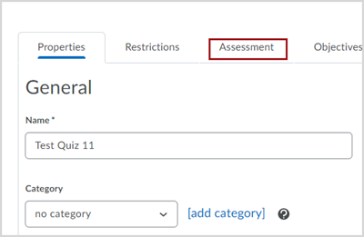 Quiz creation interface set to the "Properties" tab, showing the name of "Test Quiz 11". There is a red box around the "Assessment" tab at the top of the page.