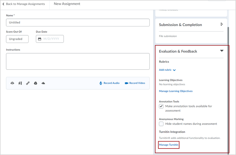The New Assignment creation interface with a red box around the expanded "Evaluation & Feedback" panel on the right side of the page and a red box around the "Manage Turnitin" link within the panel