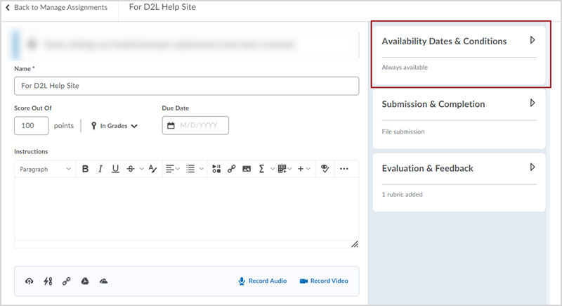 Edit Assignments page in D2L Brightspace with a red box around the "Availability Dates & Conditions" panel on the right side of the page 