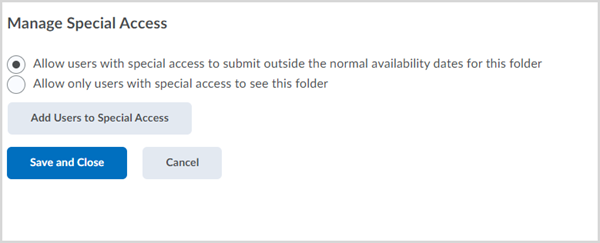 Manage Special Access pop-up window with buttons for "Add Users to Special Access", "Save and Close", and "Cancel"