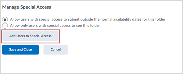 Manage Special Access pop-up window with a red box around the "Add Users to Special Access" button