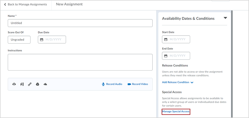 Expanded Availability Dates & Conditions panel with a red box around the link for "Manage Special Access"