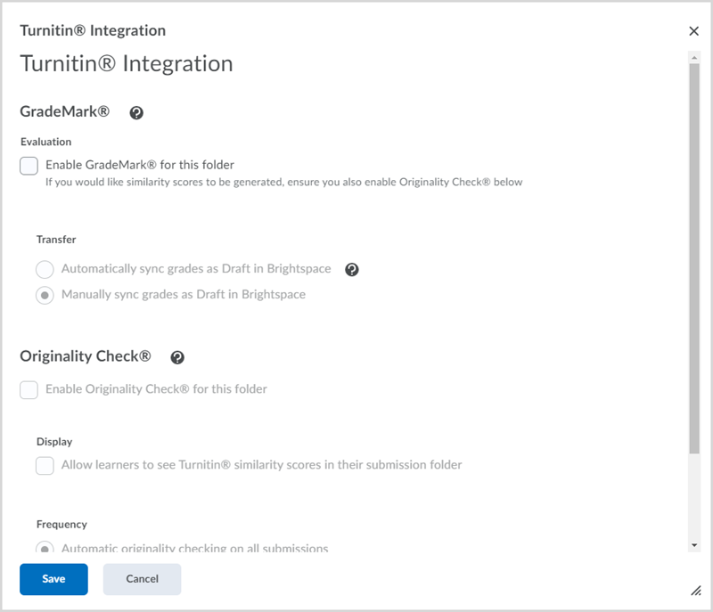 Page titled "Turnitin Integration" with options to "Enable GradeMark for this folder", decide on grade transfer syncing Automatically or Manually, "Enable Originality Check for this folder" and "Allow learners to see Turnitin similarity scores in their submission folder".