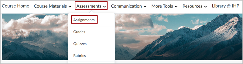 D2L Brightspace Navbar with the "Assessments" dropdown menu expanded out. There is a red box around the "Assignments" option in the dropdown menu.