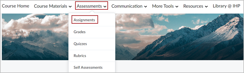 D2L Brightspace Navbar with the "Assessments" dropdown menu expanded. There is a red box around the "Assignments" option in the dropdown menu