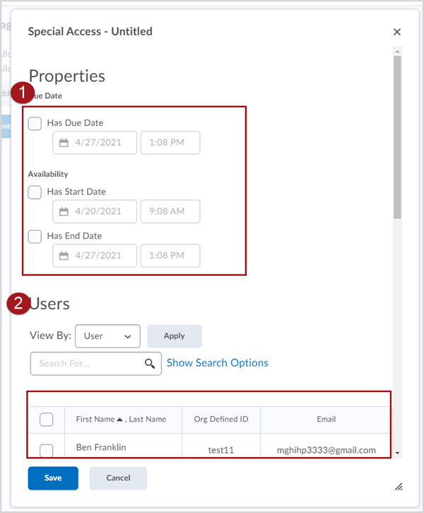 Labeled Special Access window with the due date, start date, and end date properties as well as the User list highlighted