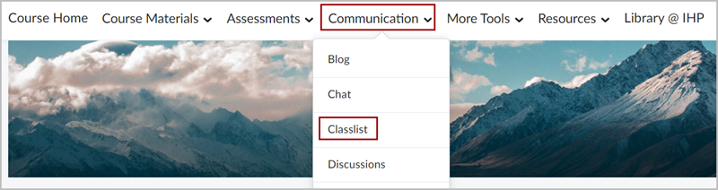 D2L Brightspace Navbar with the Communications dropdown menu expanded out. There is a red box around the "Classlist" option in the dropdown menu.