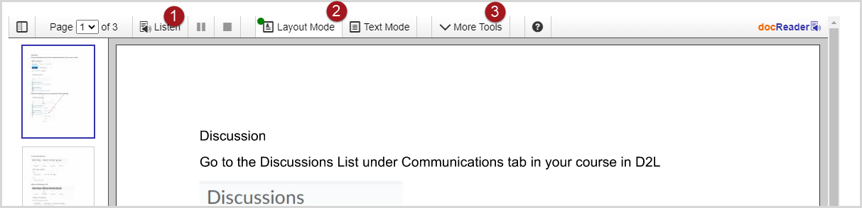 Labeled screenshot of a document viewed in docReader, with 1. a button to "Listen" to text, 2. a button to change the "Layout Mode" of the document, and 3. a dropdown menu for "More Tools".
