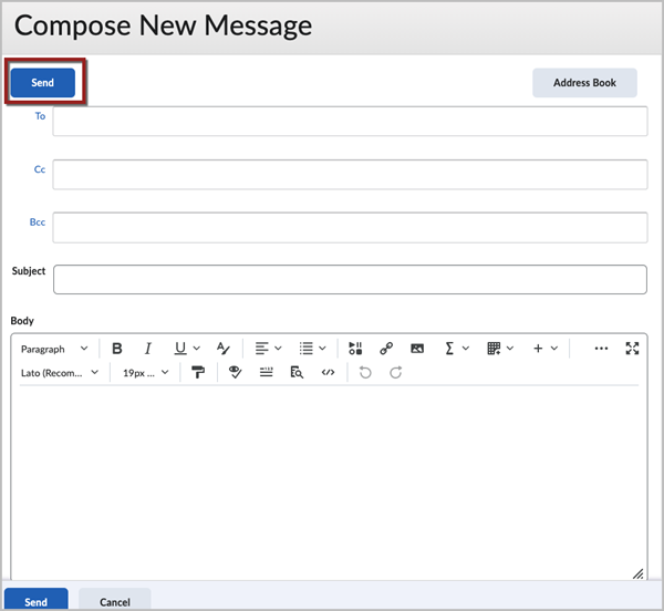 Pop-up window called "Compose New Message". The window contains fields for To, Cc, Bcc, Subject, and Body. There is a red box around the "Send" button in the top-left corner of the window.