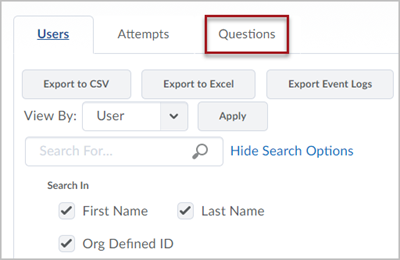 Top of the Quiz Grade page showing the currently active tab of "Users" along with the tabs "Attempts" and "Questions". There is a red box around the "Questions" tab.