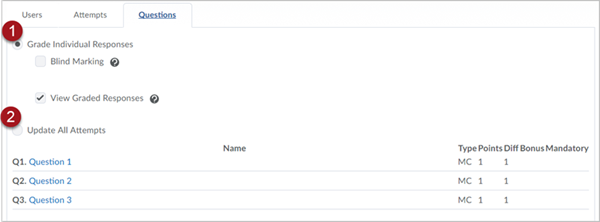 Labeled screenshot of the Questions tab of the Quiz Grade page, showing the radial options of 1. "Grade Individual Responses" and 2. "Update All Attempts". Three questions titled "Question 1", "Question 2", and "Question 3" are shown below the radial options.