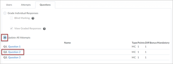 Questions tab of the Quiz Grade page showing red boxes around the selected option of "Update All Attempts" as well as the link for "Question 2".