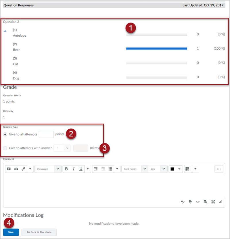 Labeled screenshot of the Update All Attempts screen for "Question 2", with 1. the histogram of user responses with an arrow pointing to the correct answer, 2. a selected radial option to "Give to all attempts _ points", 3. an unselected radial option the "Give to attempts with answer _ _ points", and 4. "Save" and "Go Back to Questions" buttons at the bottom of the page.