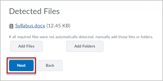  A page labeled "Detected Files" with a file called "Syllabus.docx" listed. There is a red box around the "Next" button at the bottom of the page.
