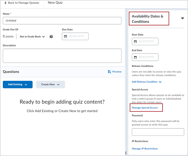 Edit Quiz screen in D2L Brightspace with the Availability Dates & Conditions panel expanded on the right side of the page. A red box is around the "Manage Special Access" link in the panel. 