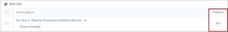 A quiz titled "Test Quiz 3" on the Quizzes page in D2L Brightspace. The right side of the page shows that 0 out of 6 quiz attempts have been published with feedback.