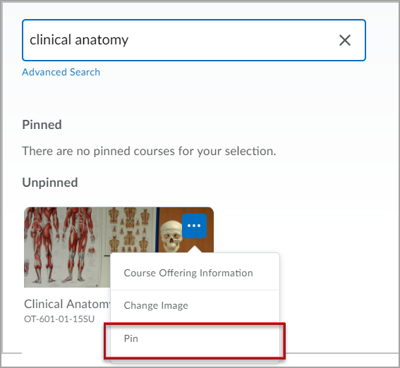 The My Courses search with an unpinned course's dropdown menu expanded. A red box highlights the "Pin" option in the dropdown.