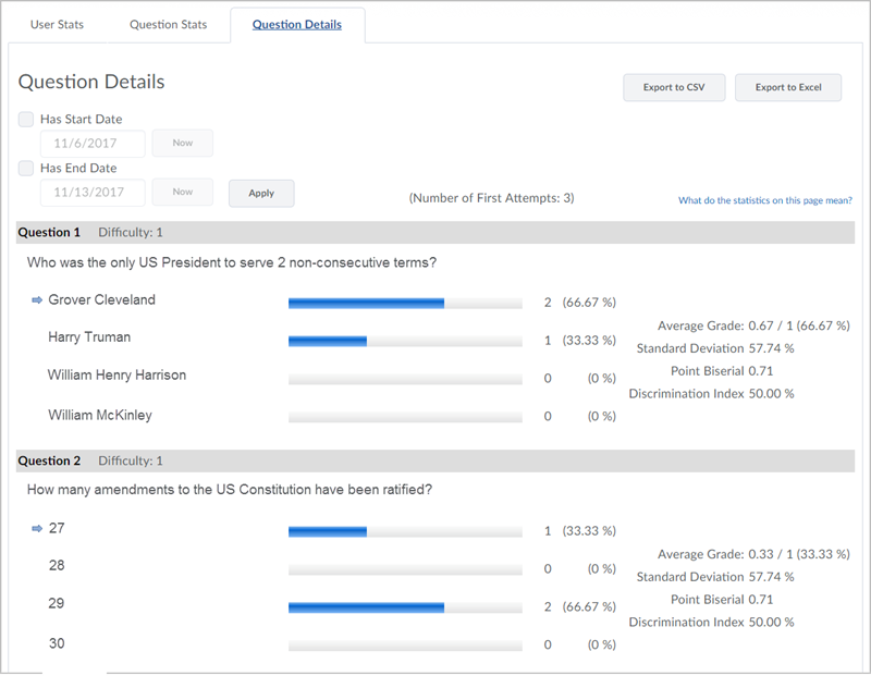 Question Details screen of the Quizzes tool showing the statistics and response numbers for two multiple choice questions