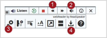 The expanded ReadSpeaker menu with play controls, volume controls, settings, and download options