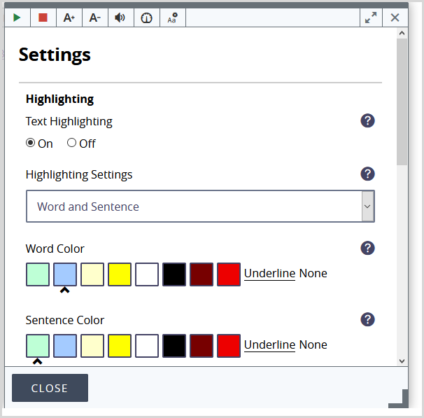 The highlighting options in ReadSpeaker