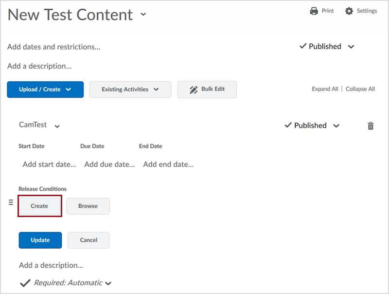 The dates and restrictions options for a Content topic. A red box highlights the "Create" button under the "Release Conditions" heading