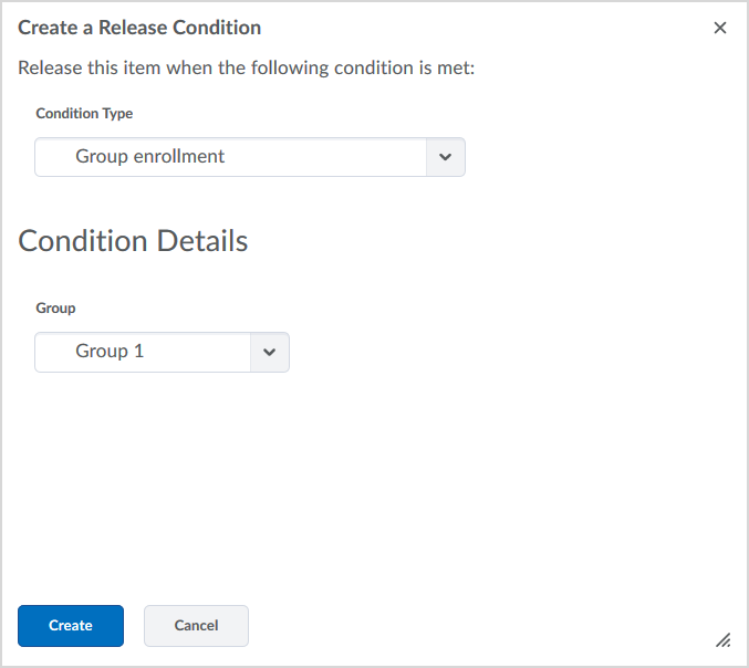 The Create a Release Condition pop-up window with the "Group enrollment" condition type selected