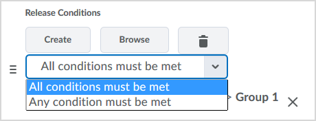A dropdown menu associated with a Content topic's release conditions. The options in the menu are "All conditions must be met" and "Any condition must be met"