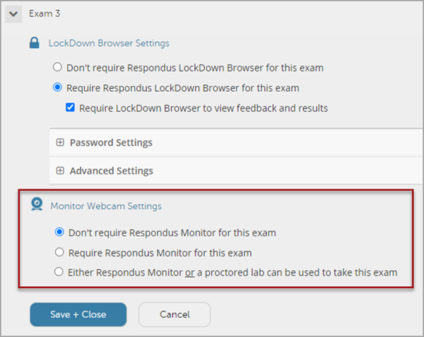 Lockdown Browser settings for Exam 3, with a red box around the "Monitor Webcam Settings", which features the options "Don't require Respondus Monitor for this exam", "Require Respondus Monitor for this exam", and "Either Respondus Monitor or a proctored lab can be used to take this exam" 