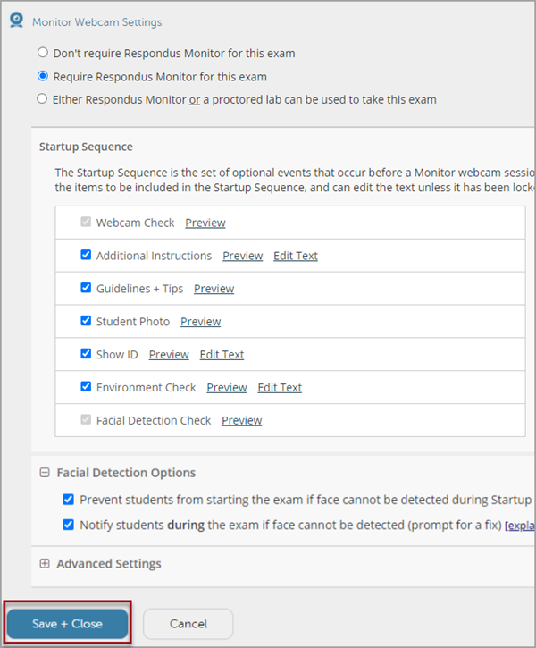 Respondus Monitor Webcam Settings section displaying various options for the Startup Sequence and Facial Detection.