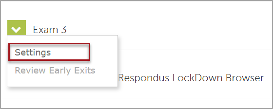 The dropdown menu associated with "Exam 3" in the LockDown Browser tab, with a red box around the "Settings" option in the dropdown menu