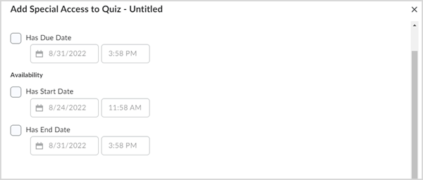 The Add Special Access to Quiz screen with the Due Date, Start Date, and End Date options visible