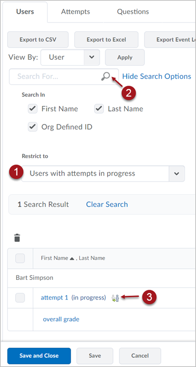 Labeled screenshot of the Grade Quiz interface, showing the list of users 1. restricted to "Users with attempts in progress", 2. an arrow pointing to the magnifying glass icon in the search field, and 3. the Enter Quiz as Student icon for test student Bart Simpson