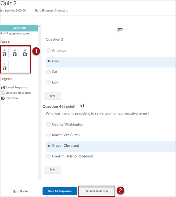 Labeled screenshot of a D2L Brightspace quiz attempt, with 1. quiz questions shown by page in the left toolbar and 2. a button labeled "Go to Submit Quiz"