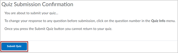 Quiz Submission Confirmation screen with a red box around the "Submit Quiz" button at the bottom of the window.