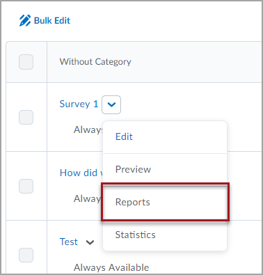 Survey tool in D2L Brightspace displaying a list of surveys. The dropdown menu associated with "Survey 1" is expanded out and there is a red box around the "Reports" option in the menu.