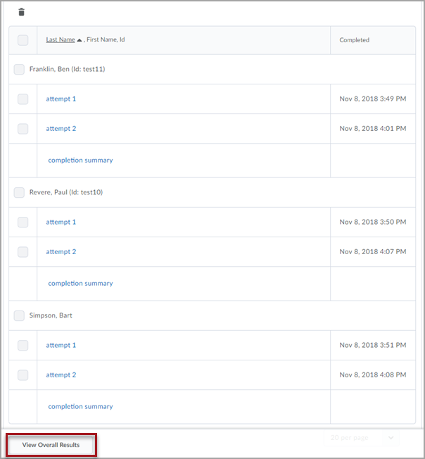 List of test learners who have completed a Survey with two attempts. There is a red box around a button labeled "View Overall Results" at the bottom of the image