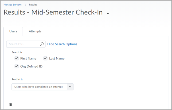 Top of the Results screen for a D2L Brightspace Survey called "Mid-Semester Check-In"