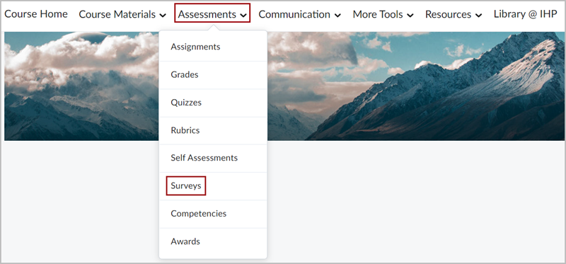 Assessments dropdown menu in the D2L Navbar expanded out, with a red box around the "Surveys" option