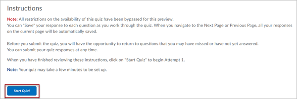 An "Instructions" page for a quiz in D2L Brightspace. There is a red box around the "Start Quiz" button in the bottom left corner of the page.