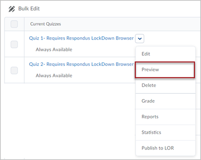 Quizzes page showing an expanded dropdown menu associated with a quiz titled "Quiz 1". There is a red box around the "Preview" option in the dropdown menu