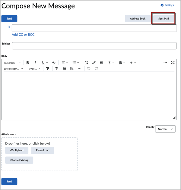 Page titled "Compose New Message" with fields for To, Subject, and Body. There is a red box around the "Sent Mail" button in the top-right corner of the page.